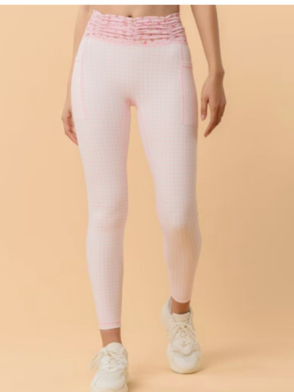 NWT Blogilates Women's Ruched Waist Leggings, Pink Gingham  - Large